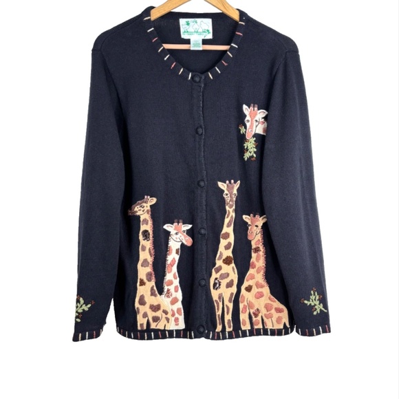 Quacker Factory Giraffe Embroidered Cardigan L Black Whimsigoth Art Boho Safari - Picture 10 of 10